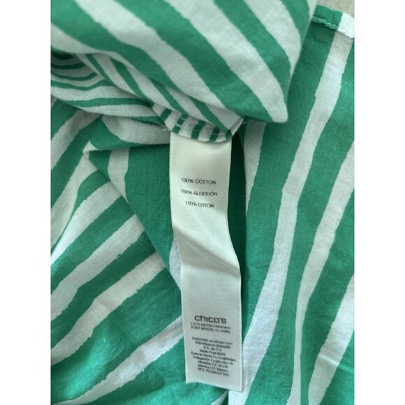 CHICO'S Button Down Shirt Womens Size 2 100% Cotton Green White Stripe Resort - Picture 7 of 8
